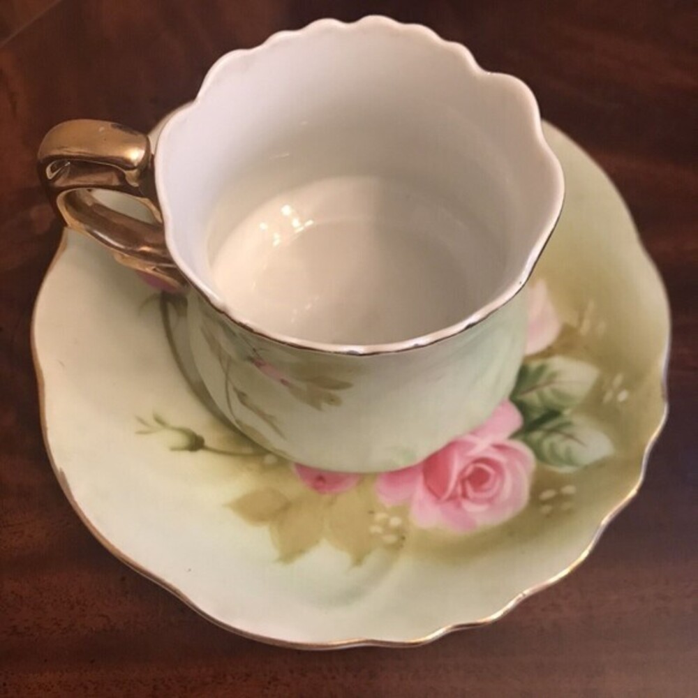 Lefton Hand Painted Cup & Saucer, Pink Roses, Gold Trim‎ & Gold Handle
